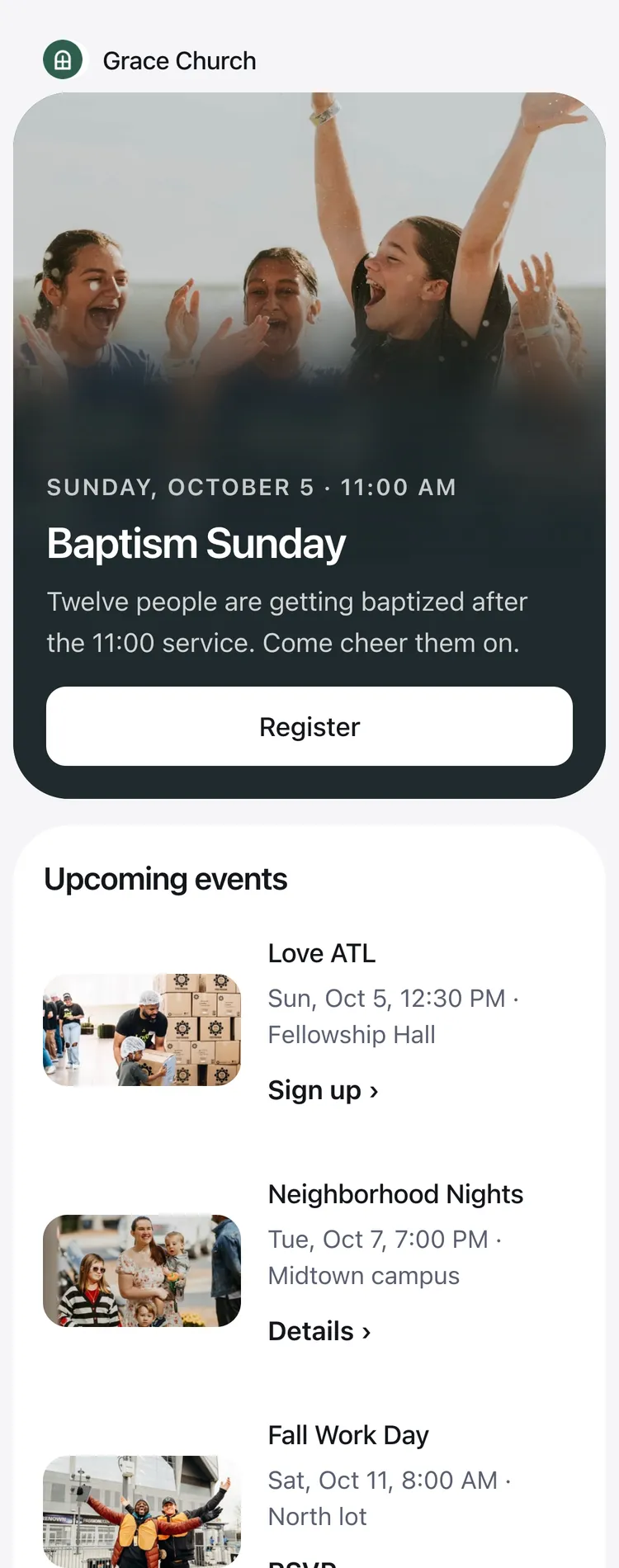 A newsletter made in Butter, open in Mail on a phone: a Featured event 2 section for Baptism Sunday, then an Upcoming events list.