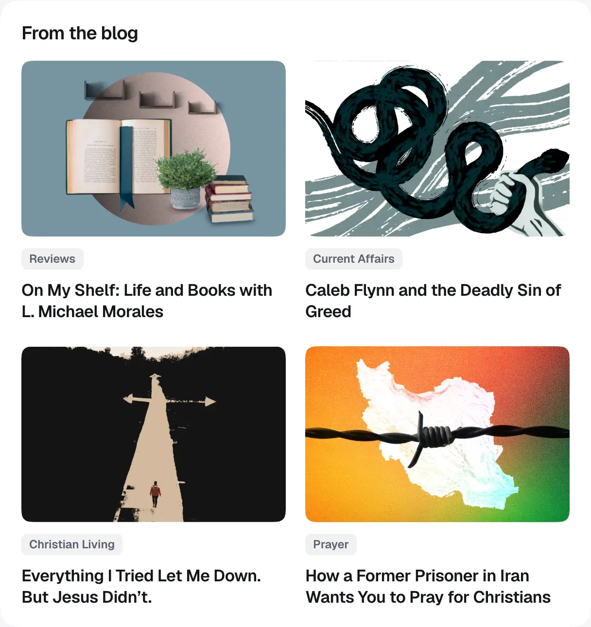 A resources grid: four articles two across, each with a picture, tag and title.