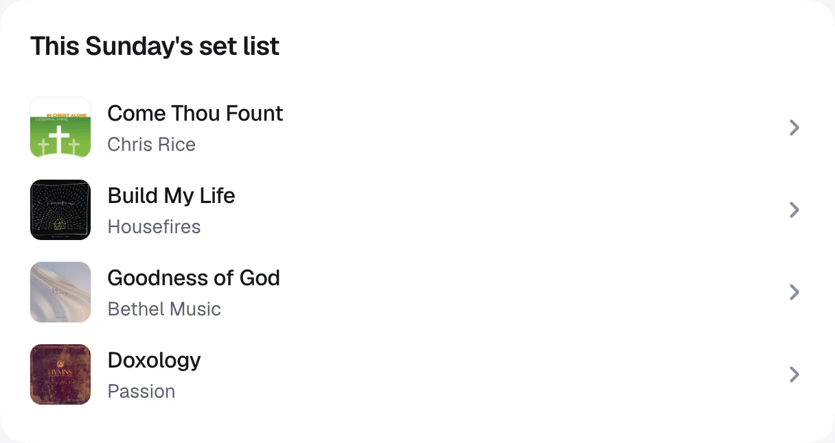 This Sunday's set list: four songs with their album covers and artists.